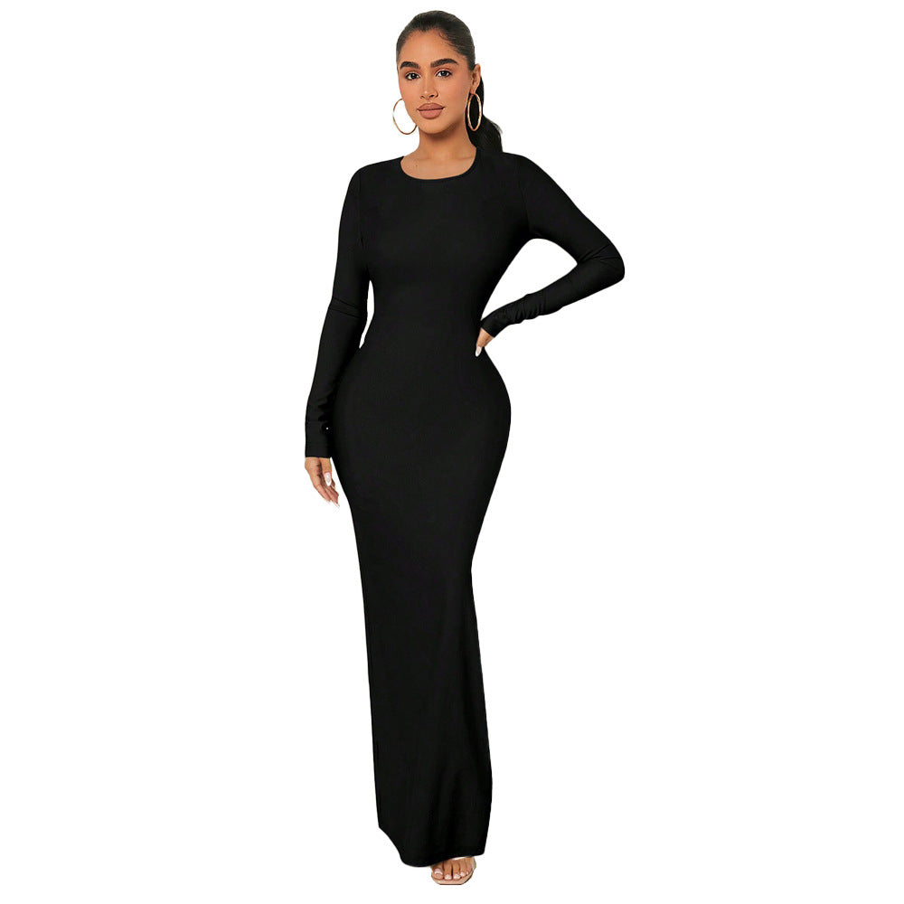 Damen figurnahes Maxikleid mit Rundhalsausschnitt, langem Arm und sculptender Taillenform Shop Nory