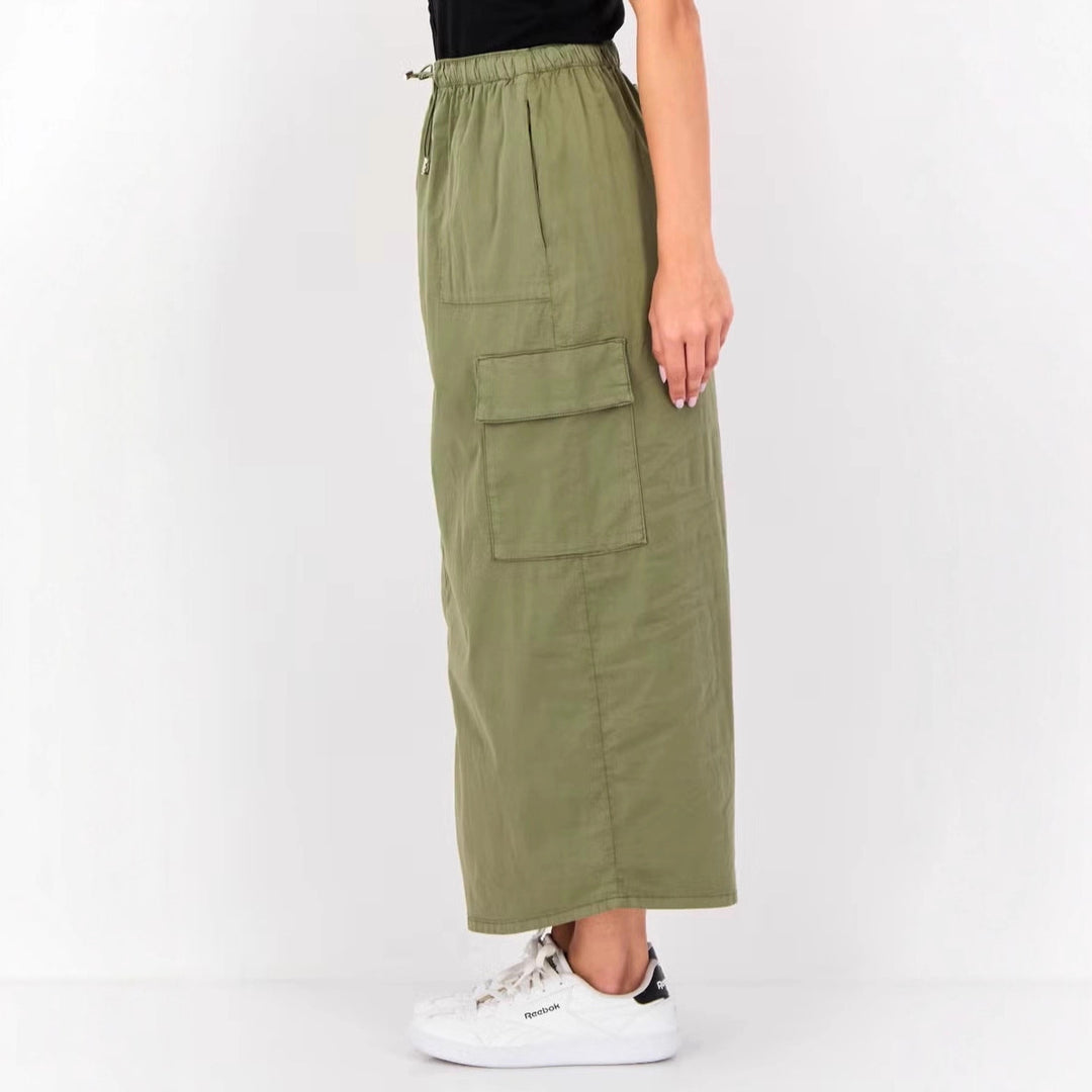 Damen Langer Cargo-Maxirock mit Tunnelzug-Bund und aufgesetzten Klappentaschen Shop Nory