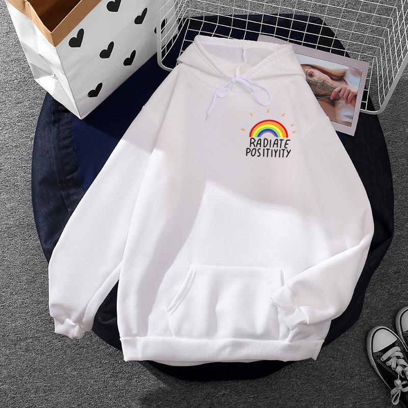 Damen nan lockerer Kapuzenpullover mit Regenbogen-Motiv, weichem Fleecefutter und Kängurutasche Shop Nory