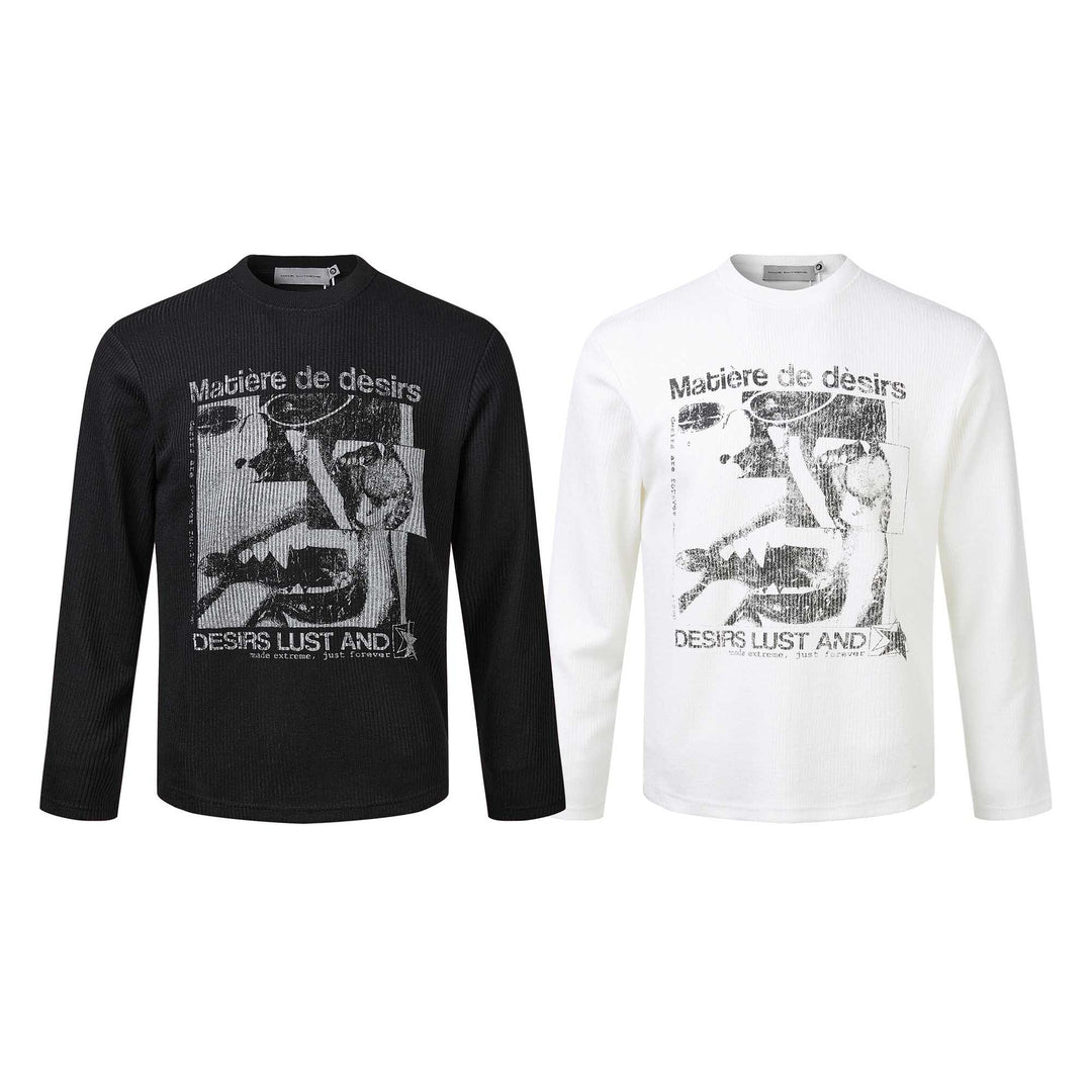 Unisex Geripptes Langarmshirt mit Rundhals und distressed Grafikprint Shop Nory