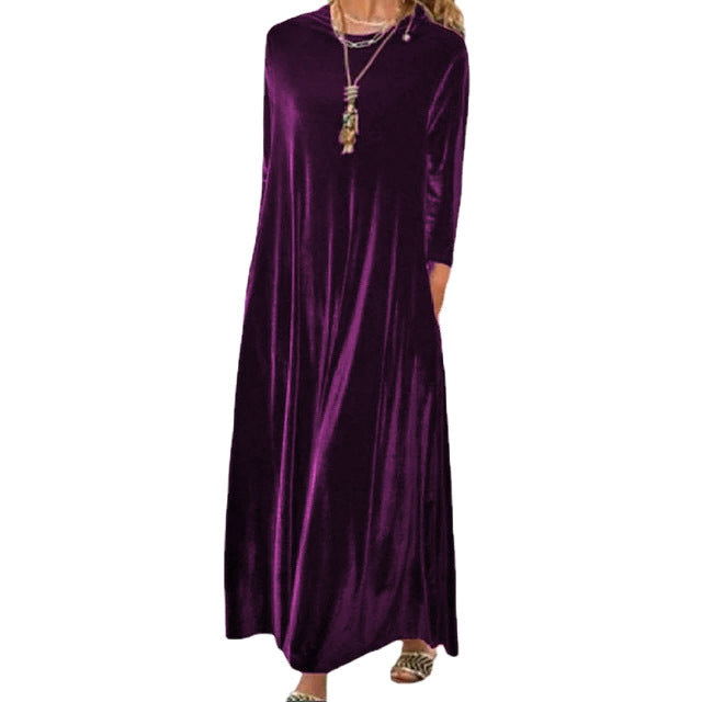 Damen Langes samtiges Maxikleid mit Rundhalsausschnitt, halblangen Ärmeln und seitlichen Taschen Shop Nory