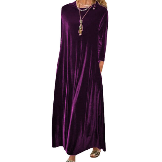Damen Langes samtiges Maxikleid mit Rundhalsausschnitt, halblangen Ärmeln und seitlichen Taschen Shop Nory