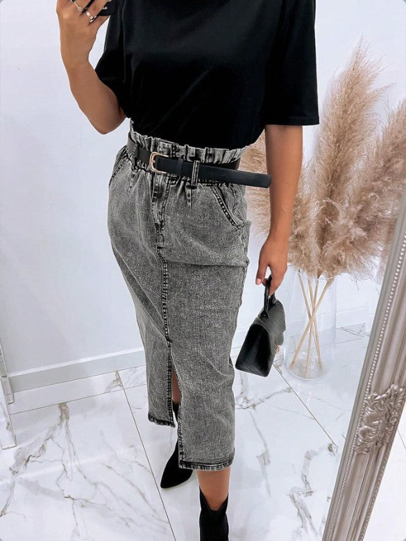 Damen Hochtaillierter Paperbag-Denim-Midirock mit Frontschlitz und Bindegürtel Shop Nory