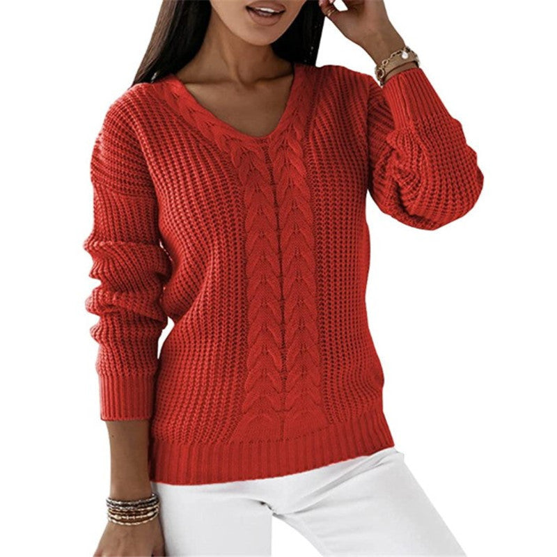 Damen nan grob gestrickter V-Ausschnitt Pullover mit Zopfmuster und lockerer Silhouette Shop Nory