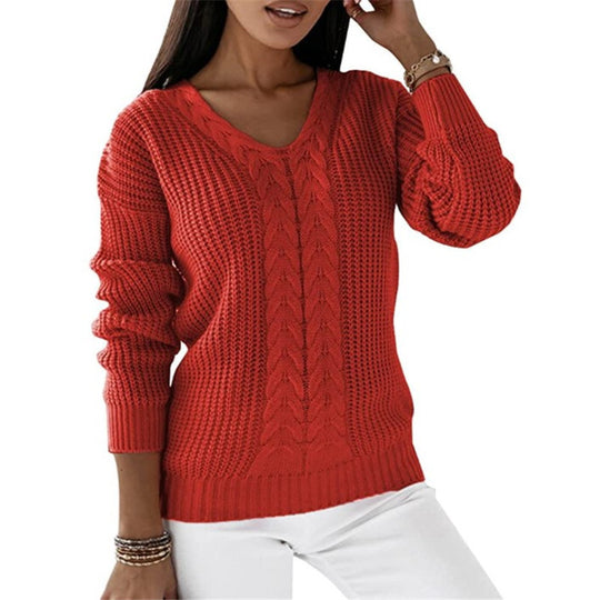 Damen nan grob gestrickter V-Ausschnitt Pullover mit Zopfmuster und lockerer Silhouette Shop Nory