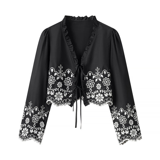 Damen Besticktes Kurzbolero mit Rüschen-V-Ausschnitt und Schnürverschluss Shop Nory