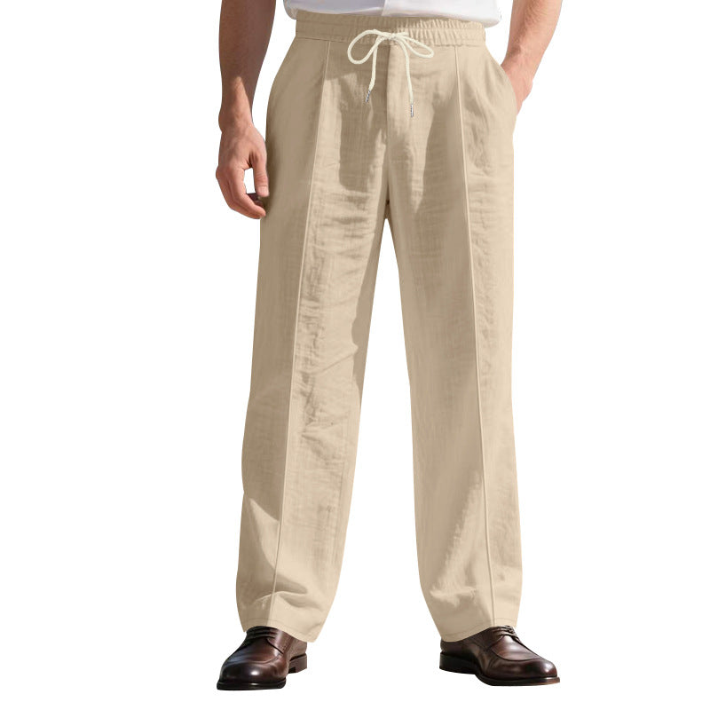 Herren nan legere Leinen-Bundfaltenhose mit elastischem Bund und Kordelzug