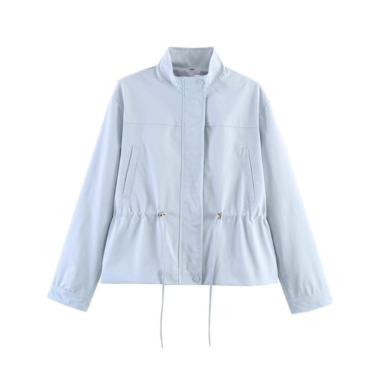 Damen Leichte Windbreaker-Übergangsjacke mit Tunnelzugtaillierung und Stehkragen Shop Nory