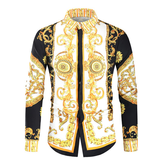 Herren nan barockes Langarm-Hemd mit ornamentalem Druck, Kentkragen und tailliertem Schnitt Shop Nory