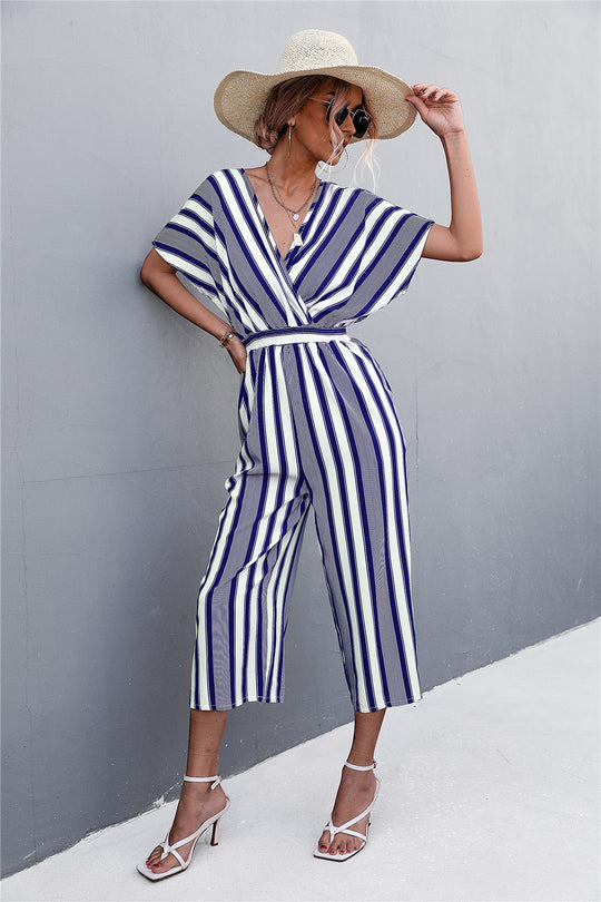 Damen eleganter Jumpsuit mit V-Ausschnitt, breiten Ärmeln und anisstreifendem Design