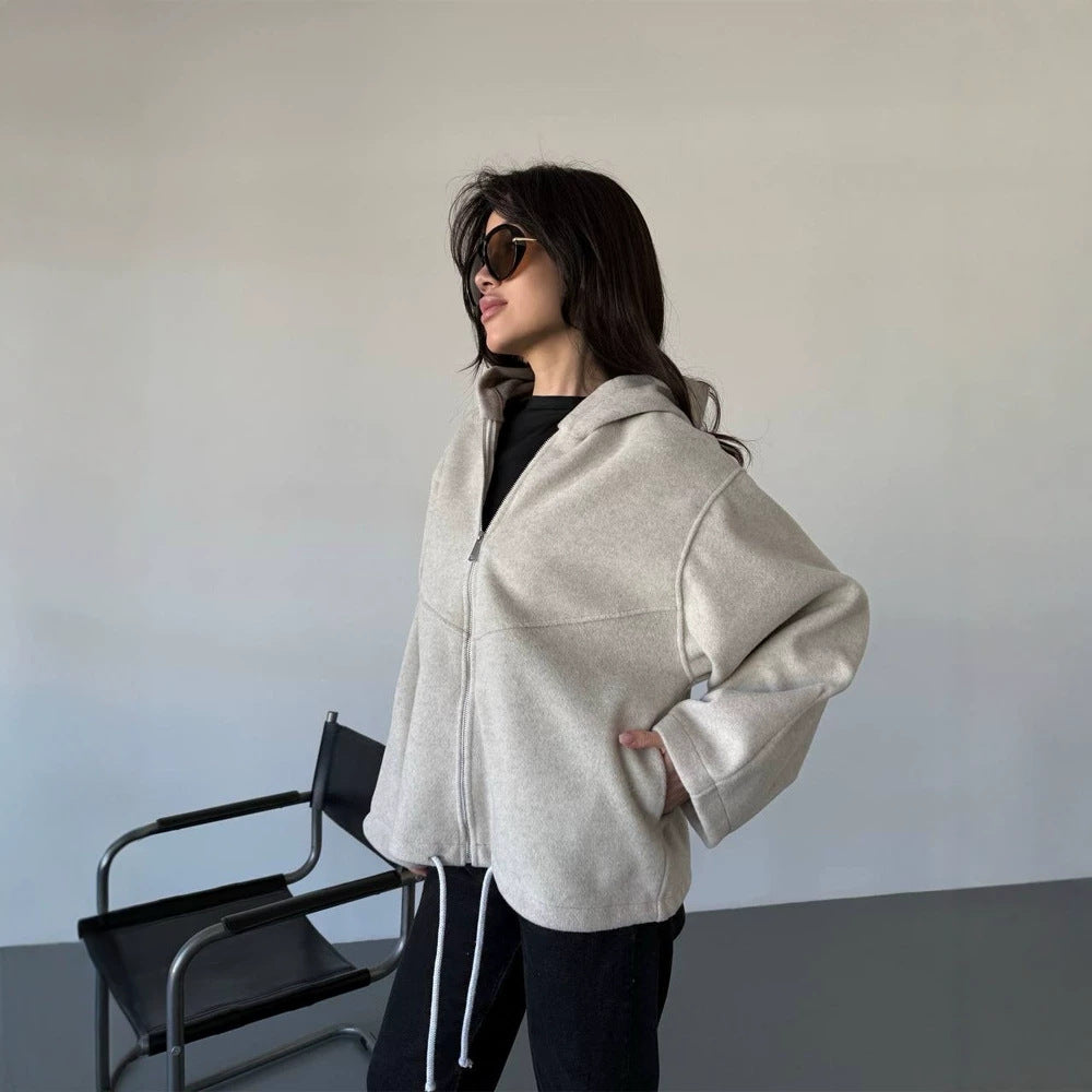 Damen Oversize Kapuzenjacke mit Reißverschluss und Tunnelzugsaum Shop Nory