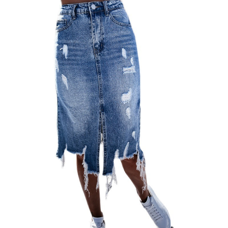 Damen Jeansrock mit ausgefransten Säumen und dekorativen Rissen