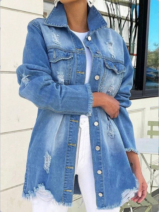 Damen Oversize-Jeansjacke mit Destroyed-Details, Fransensaum und verdeckter Knopfleiste Shop Nory