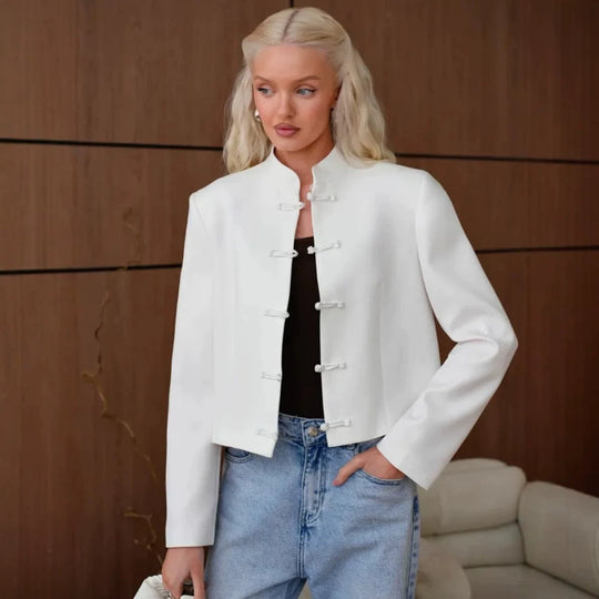 Damen Kurzblazer mit Mandarinkragen und dekorativen Knotenverschlüssen Shop Nory