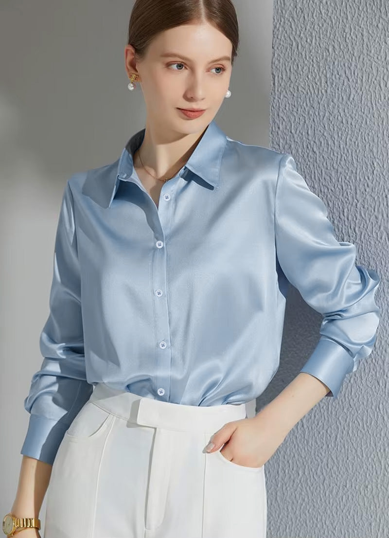 Damen Luxus Satin-Bluse mit elegantem Kragen und weichen Ärmeln