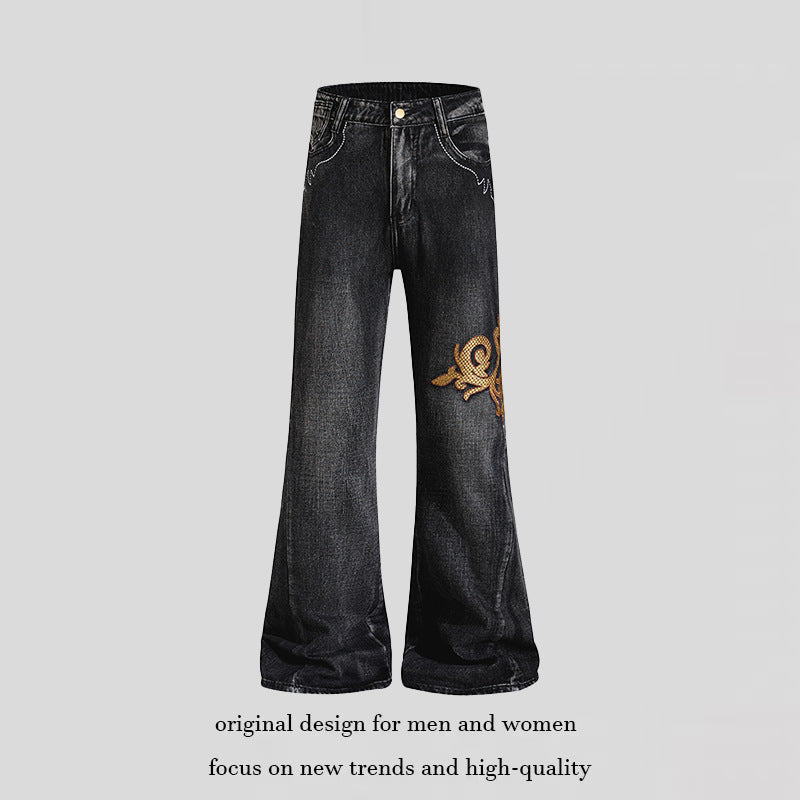 Damen Weite High‑Waist Schlaghose aus Denim mit barocker Stickerei Shop Nory