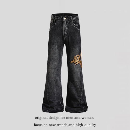 Damen Weite High‑Waist Schlaghose aus Denim mit barocker Stickerei Shop Nory