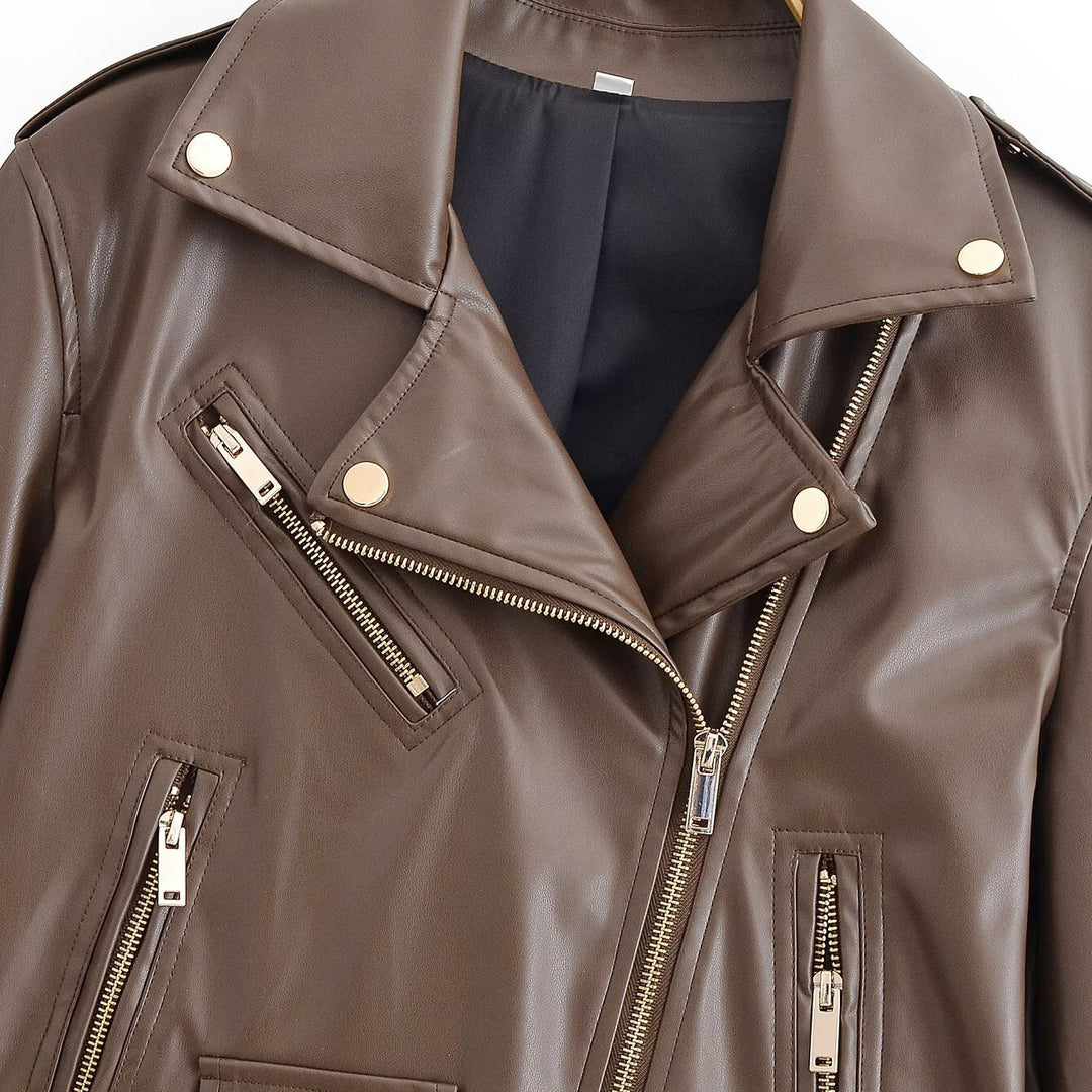 Damen Bikerjacke aus Lederimitat mit asymmetrischem Reißverschluss, Taillengürtel und goldfarbenen Details Shop Nory