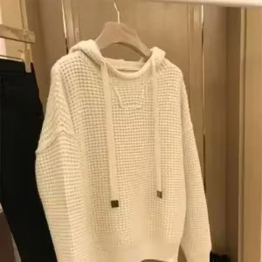 Damen Grobgestrickter Oversize-Kapuzenpullover mit Waffelstruktur und Kordelzug Shop Nory