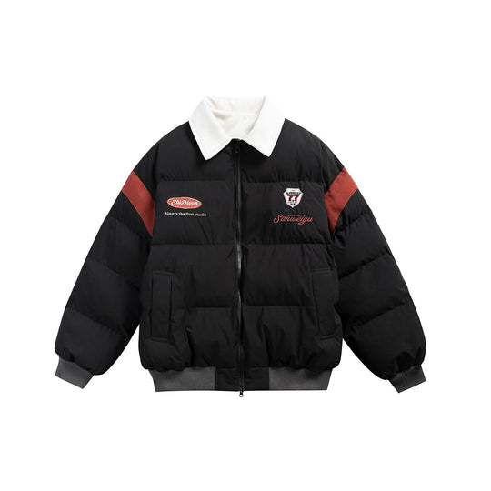 Damen Kurz geschnittene wattierte Blousonjacke mit kontrastierendem Kragen und Stickdetails Shop Nory
