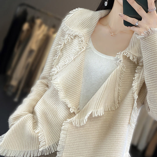 Damen Langer Fransen‑Strickcardigan mit großem Schalkragen und feiner Rippenstruktur Shop Nory