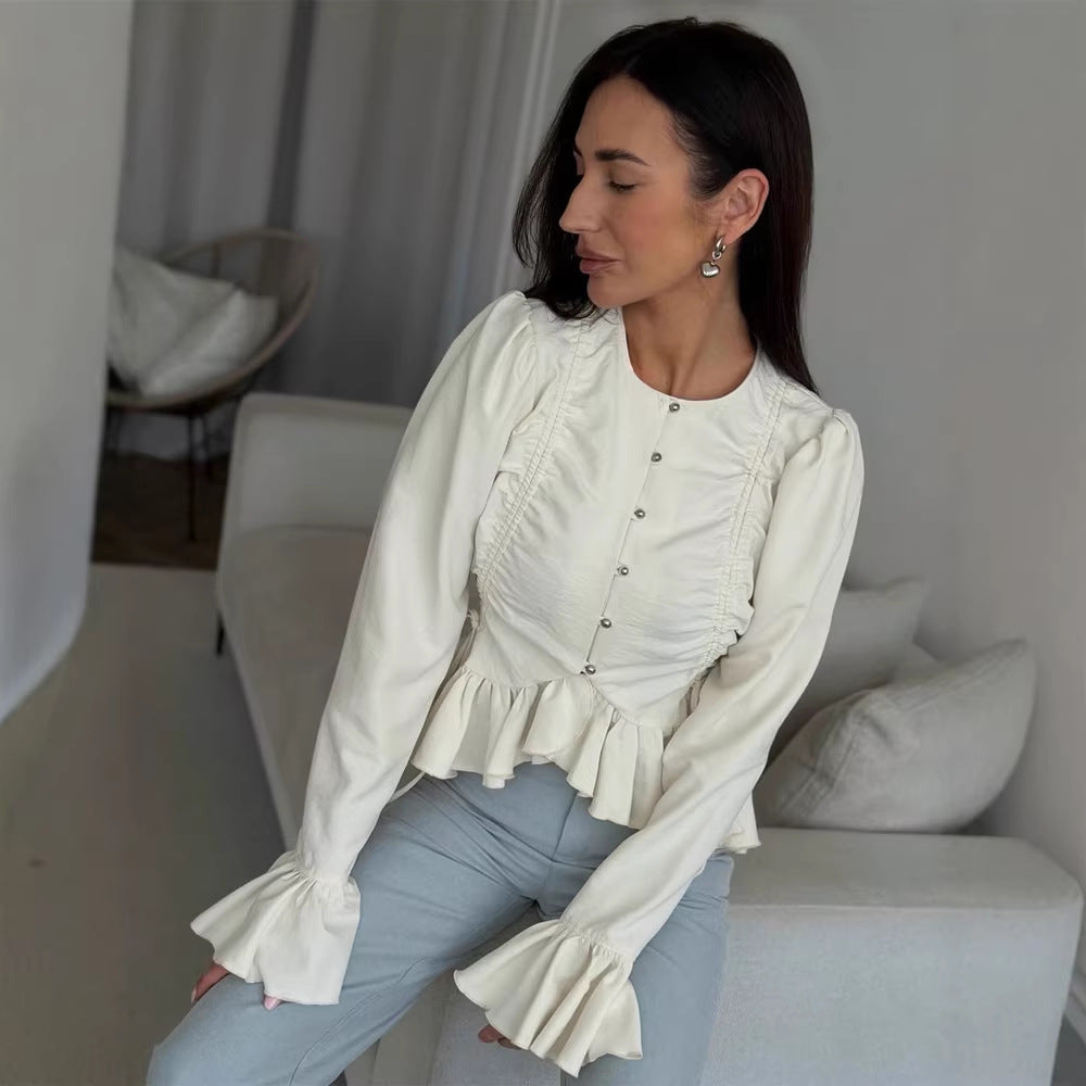Damen Rüschenbesetzte taillierte Bluse mit Schößchen & Puffärmeln Shop Nory
