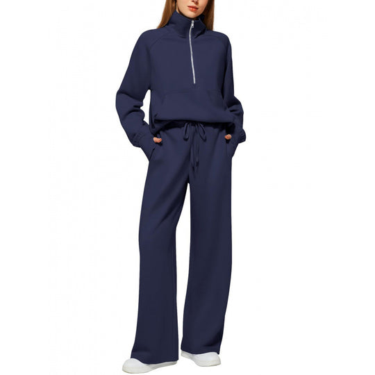Damen Zweiteiliges Lounge-Set mit Halbreißverschluss, Stehkragen und weiter Palazzohose Shop Nory