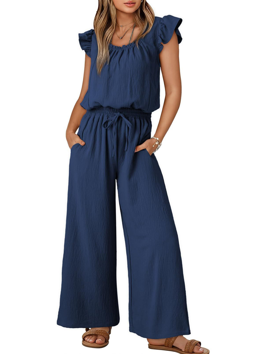 Damen Crinkle-Overall mit weitem Bein, elastischem Taillenbund und Rüschenärmeln Shop Nory