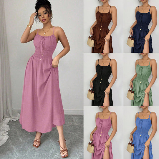 Damen Midikleid mit Smokbund, Spaghettiträgern und Bindekordel Shop Nory