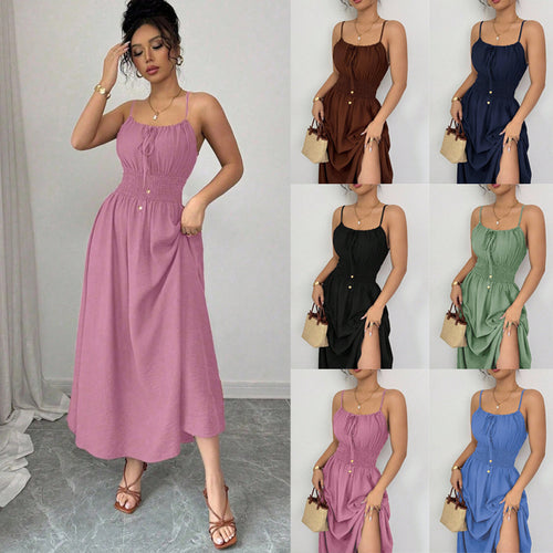 Damen Midikleid mit Smokbund, Spaghettiträgern und Bindekordel Shop Nory