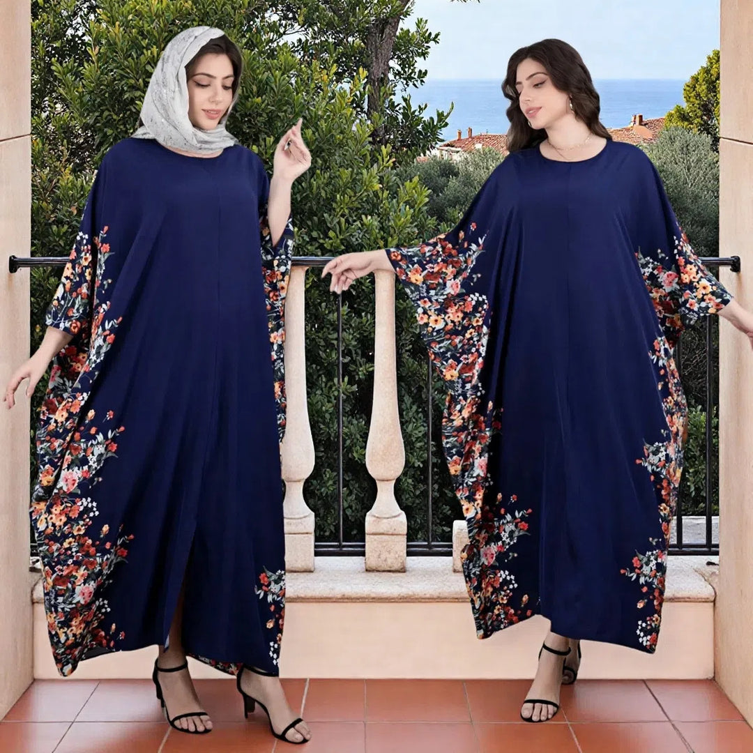Damen Fließendes Maxikaftan-Kleid mit floralem Saum und dreiviertel Ärmeln Shop Nory