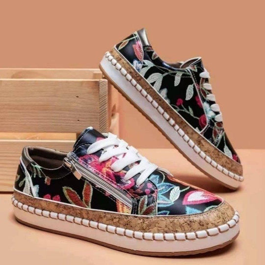 Damen Modische Sneaker mit buntem Muster und hochwertigem Korkrand