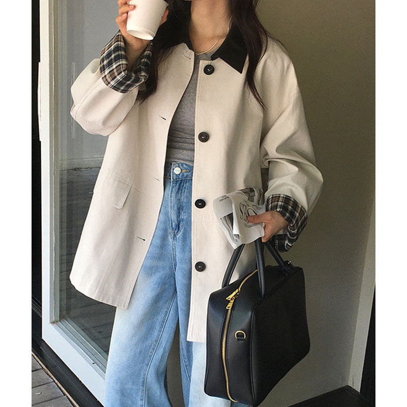 Damen Kurztrenchjacke mit Karofutter und Kontrastkragen Shop Nory