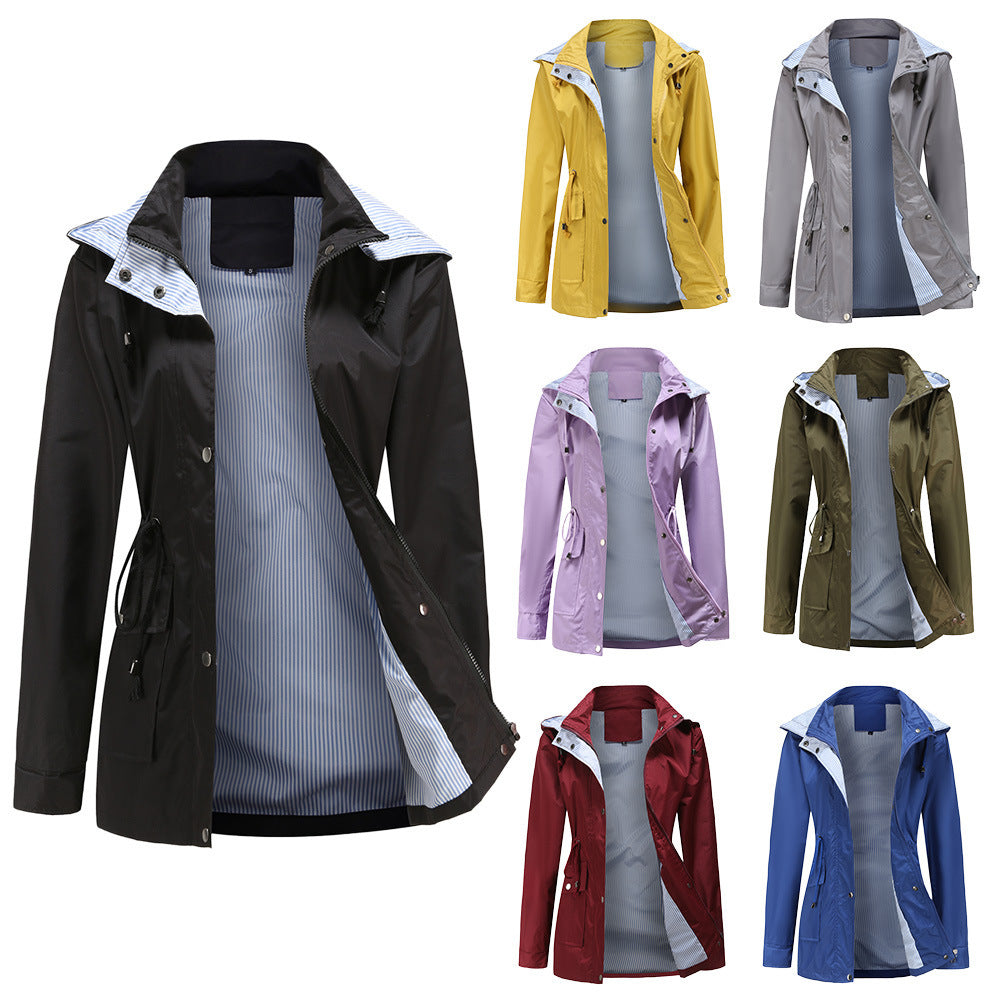 Damen Wetterfeste Regenjacke mit verstellbarem Kapuzenkragen und Taillenzug