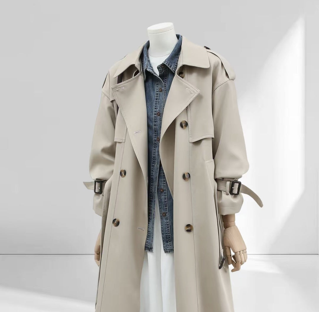 Damen Langer Trenchcoat mit Hochkragen, doppelter Sturmklappe und verstellbaren Manschetten Shop Nory