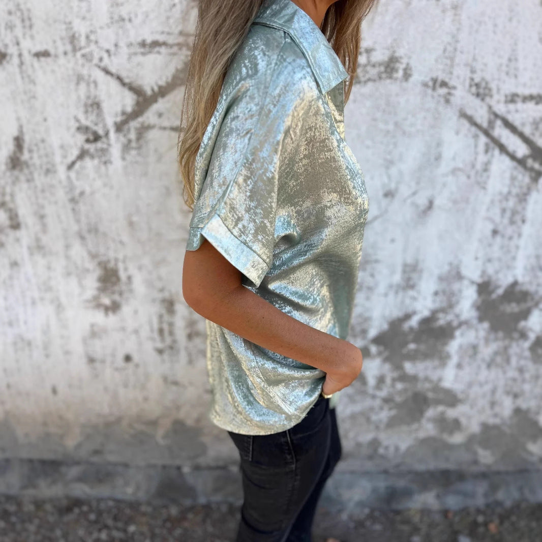 Damen Elegante und lässige Satinbluse mit kurzen Ärmeln