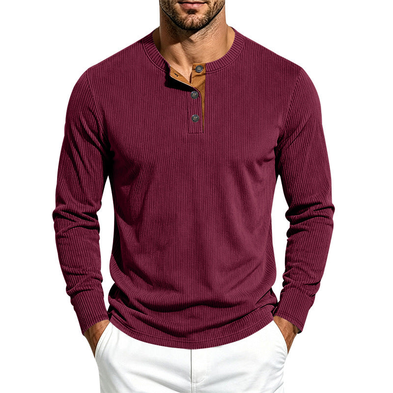 Herren Geripptes Langarm-Henley mit Stehkragen, Kontrast-Knopfleiste und Rippbündchen Shop Nory