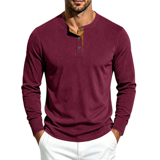 Herren Geripptes Langarm-Henley mit Stehkragen, Kontrast-Knopfleiste und Rippbündchen Shop Nory