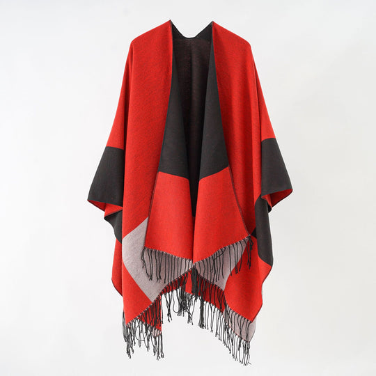 Damen Oversize-Ruana aus Wollmix mit Farbblock‑Design und Fransen Shop Nory