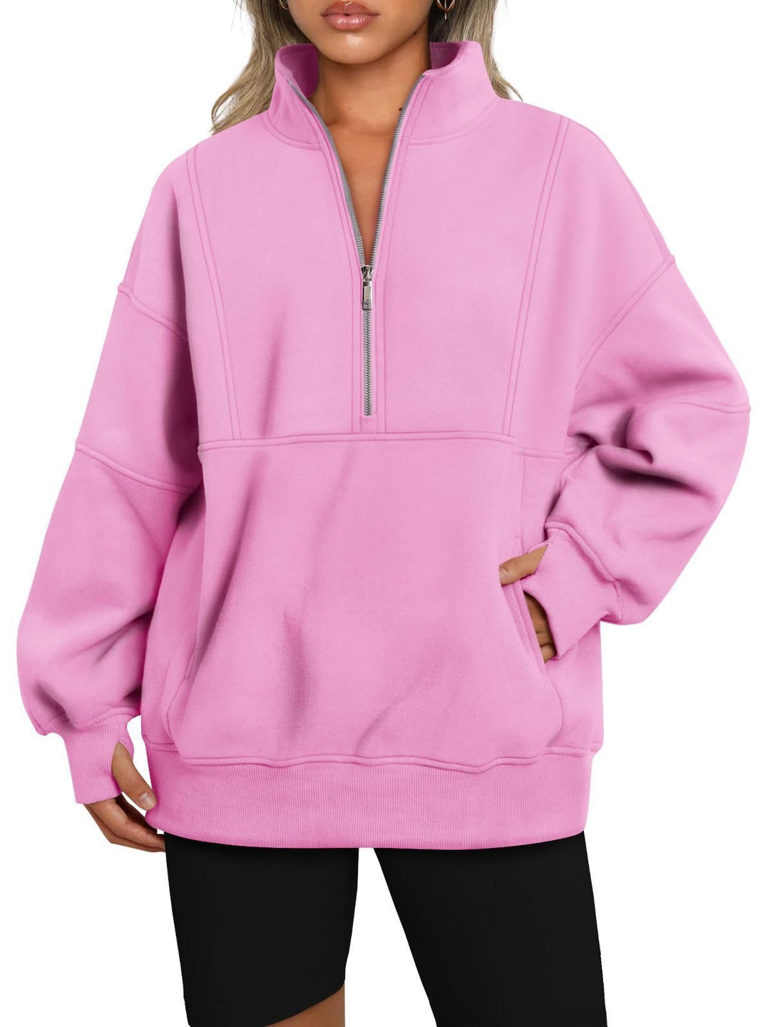 Damen Oversize-Sweatshirt mit halbem Reißverschluss, Stehkragen und Kängurutasche Shop Nory