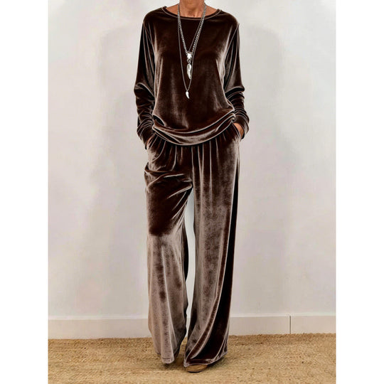 Damen Samt-Loungewear-Set mit weitem Bein, elastischem Bund und Rundhalsausschnitt Shop Nory