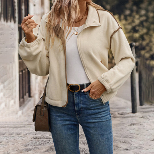 Damen Kurzjacke aus Teddy-Fleece mit Stehkragen, Kontrastpaspel und Reißverschluss Shop Nory