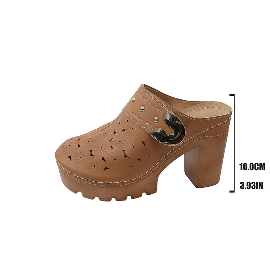 Damen Plateau-Clogs mit floralem Perforationsmuster, dekorativer Metallschnalle und hohem Blockabsatz Shop Nory