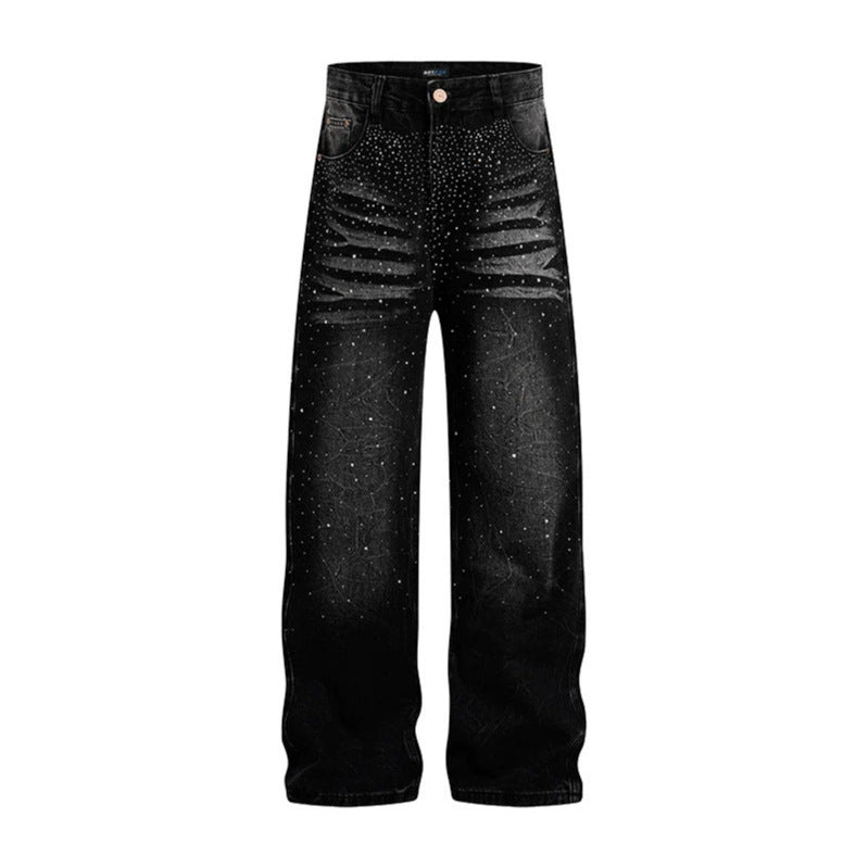 Damen weite High‑Waist Jeanshose mit Distressed‑Rissen und Strassbesatz Shop Nory