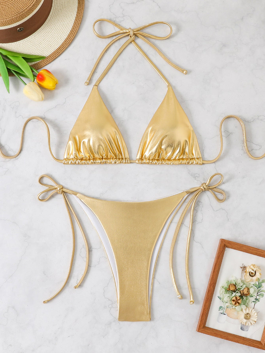 Damen Glänzendes Triangel-Bikini-Set mit verstellbaren Bändern