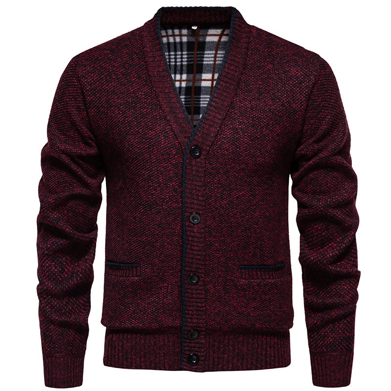 Herren Strukturierter V-Ausschnitt Strickcardigan mit kontrastierter Kante und kariertem Innenbesatz Shop Nory