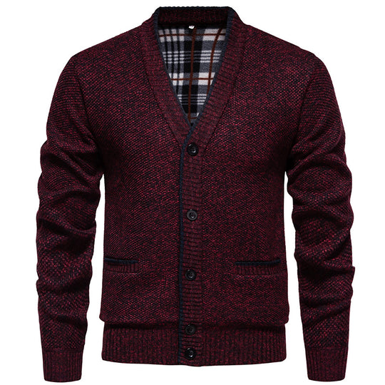 Herren Strukturierter V-Ausschnitt Strickcardigan mit kontrastierter Kante und kariertem Innenbesatz Shop Nory