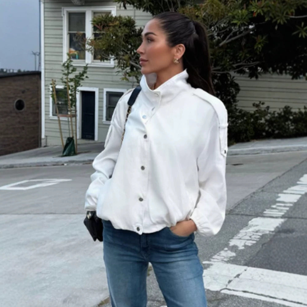 Damen Kurzes Cape-Jackett mit Stehkragen, Schulterpatten und Druckknopfverschluss Shop Nory