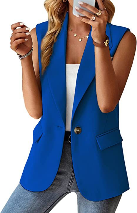 Damen Ärmellose Longline-Blazerweste mit Reverskragen, Single-Button und Pattentaschen Shop Nory