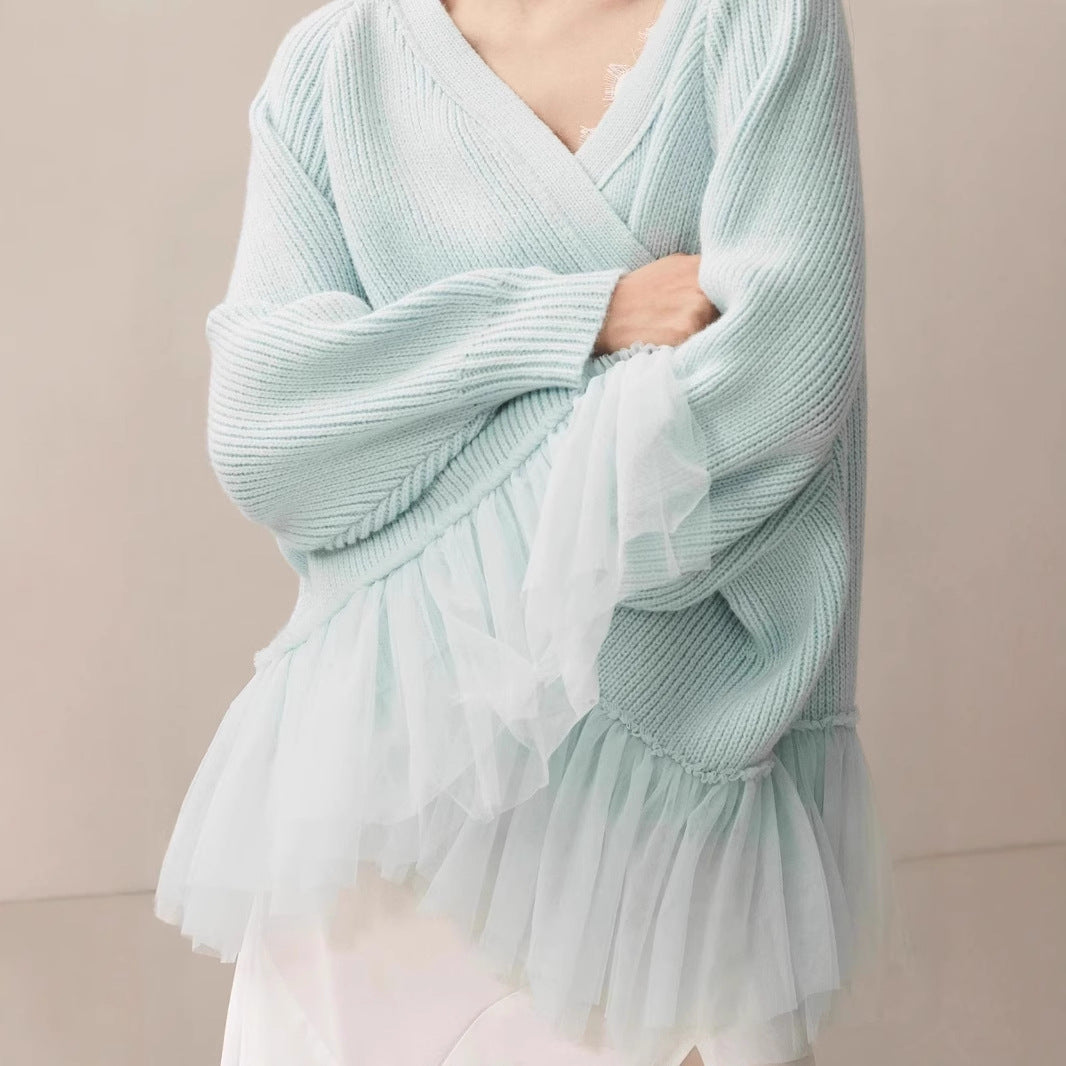 Damen Modischer Strickpullover mit Tülldetails